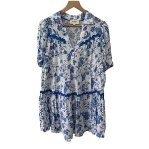 Umgee Babydoll Dress Small Blue White Floral Toile Ric Rac Tiered